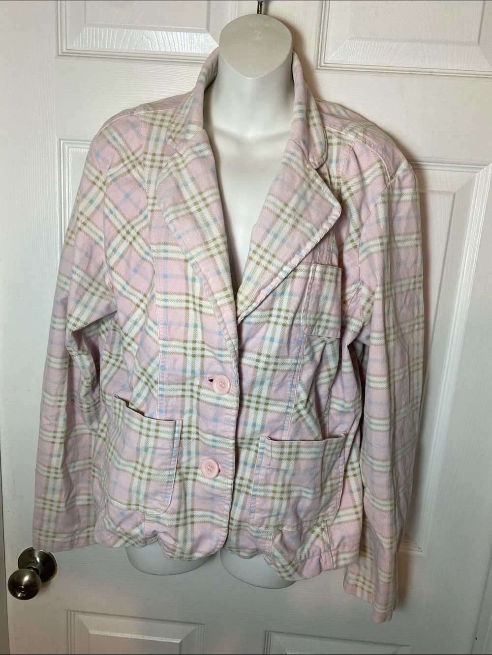 Maurices Pastel Pink Sage Plaid Corduroy Blazer Two Button Jacket Size XL